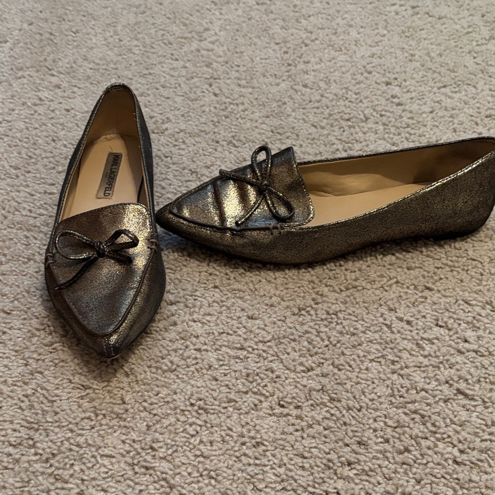 Karl Lagerfeld Metallic Bronze Pointed Toe Flats With Bow Detail